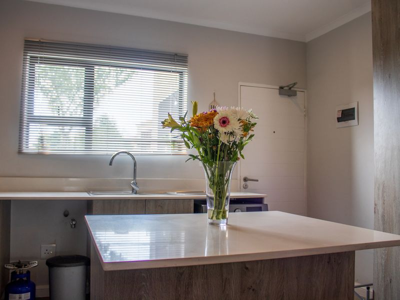 A modern kitchen area featuring a central island with a stone countertop, stainless steel sink, and wood-grain cabinetry.