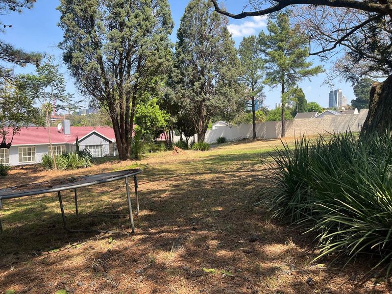 A spacious residential garden area featuring mature trees, established landscaping, and a perimeter boundary wall, offering a private outdoor setting.