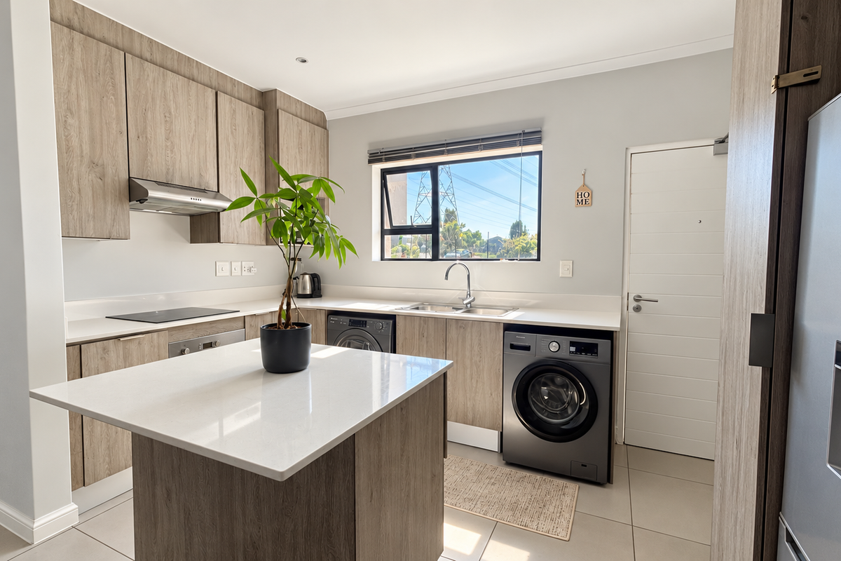Modern kitchen featuring wood-grain cabinetry, stone countertops, a central island, and integrated appliances, offering a clean and functional workspace.