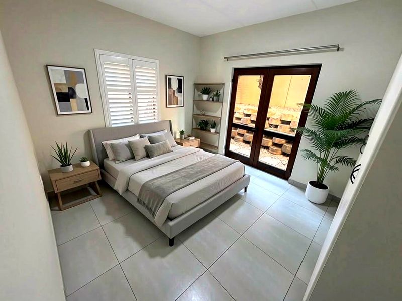 A well-maintained bedroom featuring neutral tiled flooring, plantation shutters, and double glass doors leading to an outdoor area.