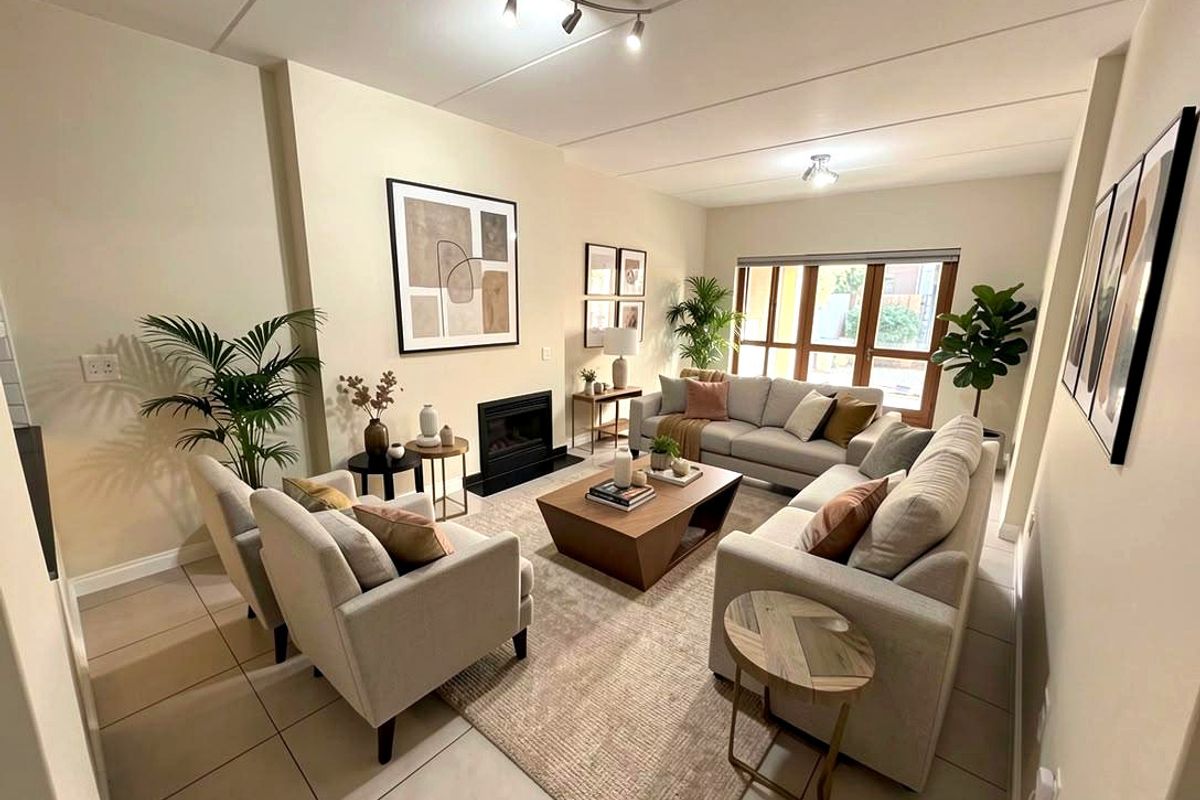 A well-lit living room featuring tiled flooring, a built-in fireplace, and large windows that provide ample natural light.