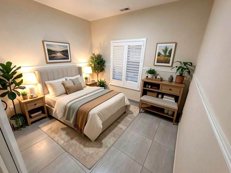 A well-maintained bedroom featuring neutral tiled flooring, elegant chair rail molding, and plantation shutters that provide excellent natural light control.