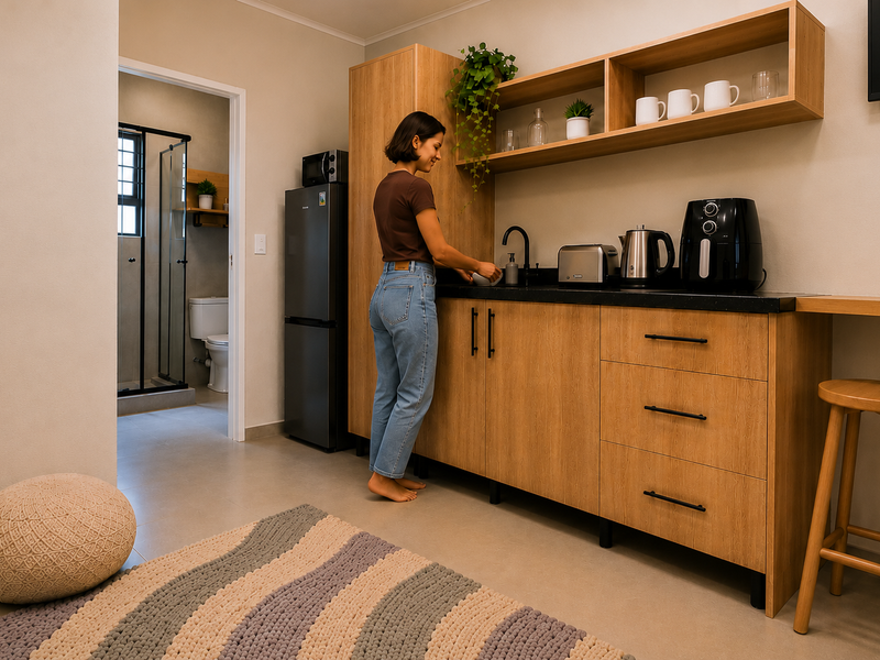 Modern kitchenette featuring light wood cabinetry, black stone countertops, open shelving, and sleek black hardware, with an adjacent view into a tiled bathroom.