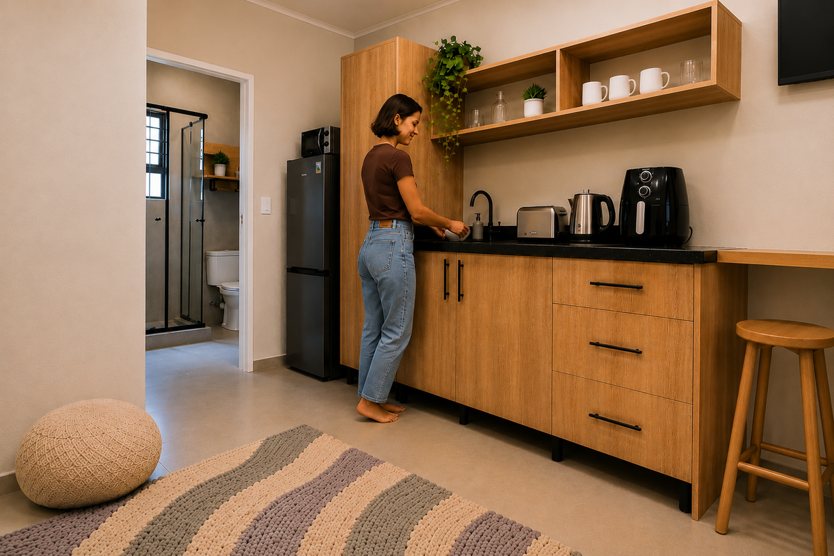 Modern kitchenette featuring light wood cabinetry, black stone countertops, open shelving, and sleek black hardware, with an adjacent view into a tiled bathroom.