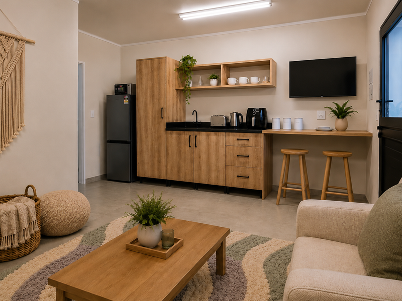 A modern open-plan living area featuring a compact kitchenette with wood-finish cabinetry, dark countertops, and integrated sink, complemented by tiled flooring.
