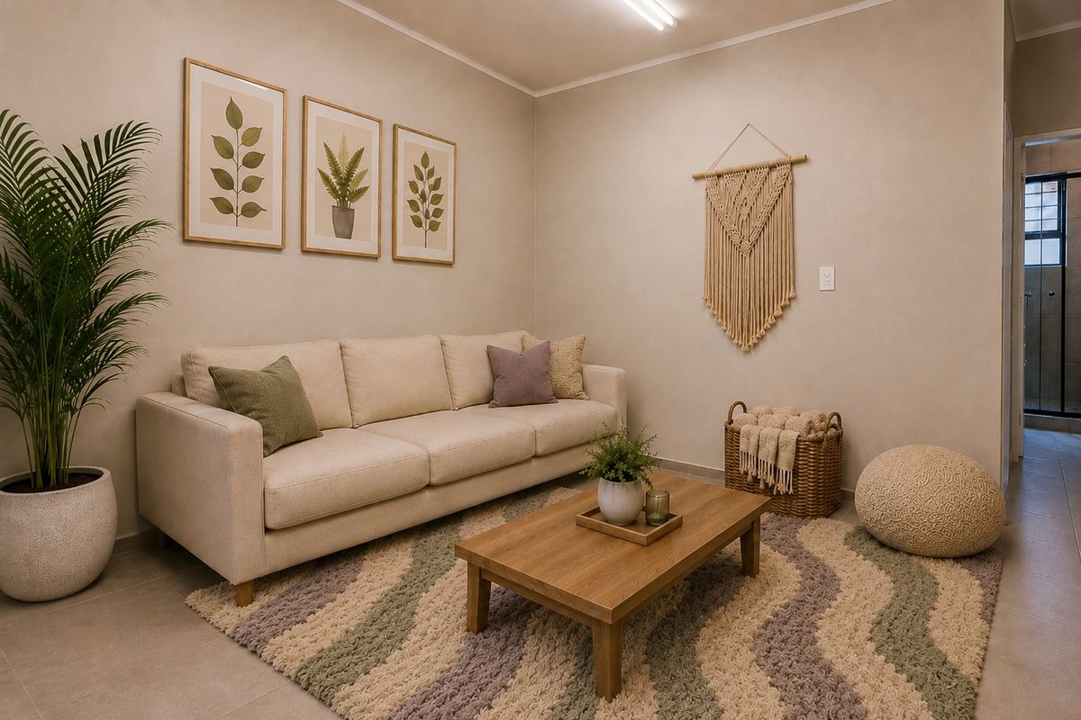 A well-maintained living room featuring neutral wall tones, tiled flooring, and clean architectural lines, providing a comfortable and inviting space.