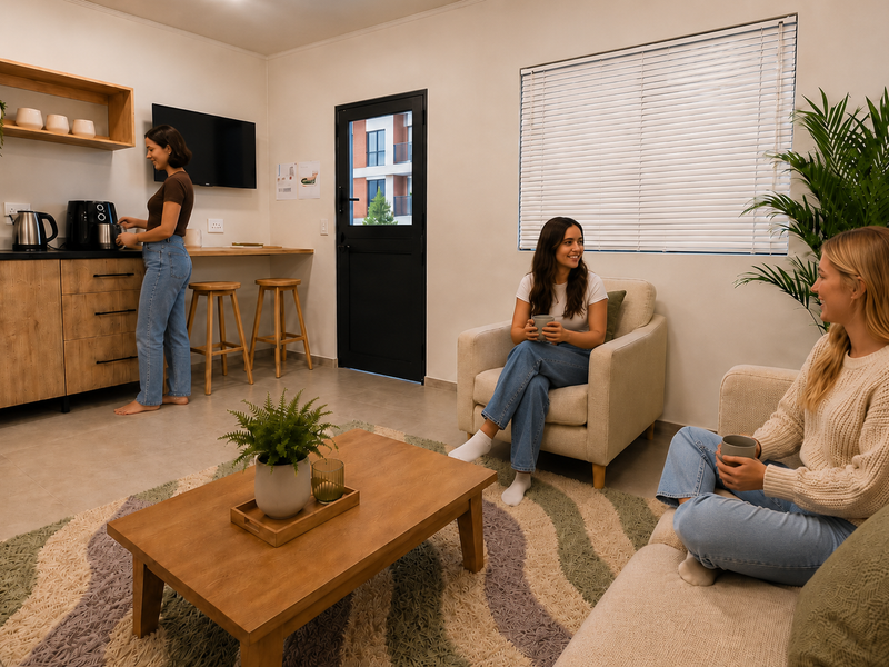 An open-plan living area featuring a compact kitchenette with built-in cabinetry, tiled flooring, and a large window with venetian blinds.