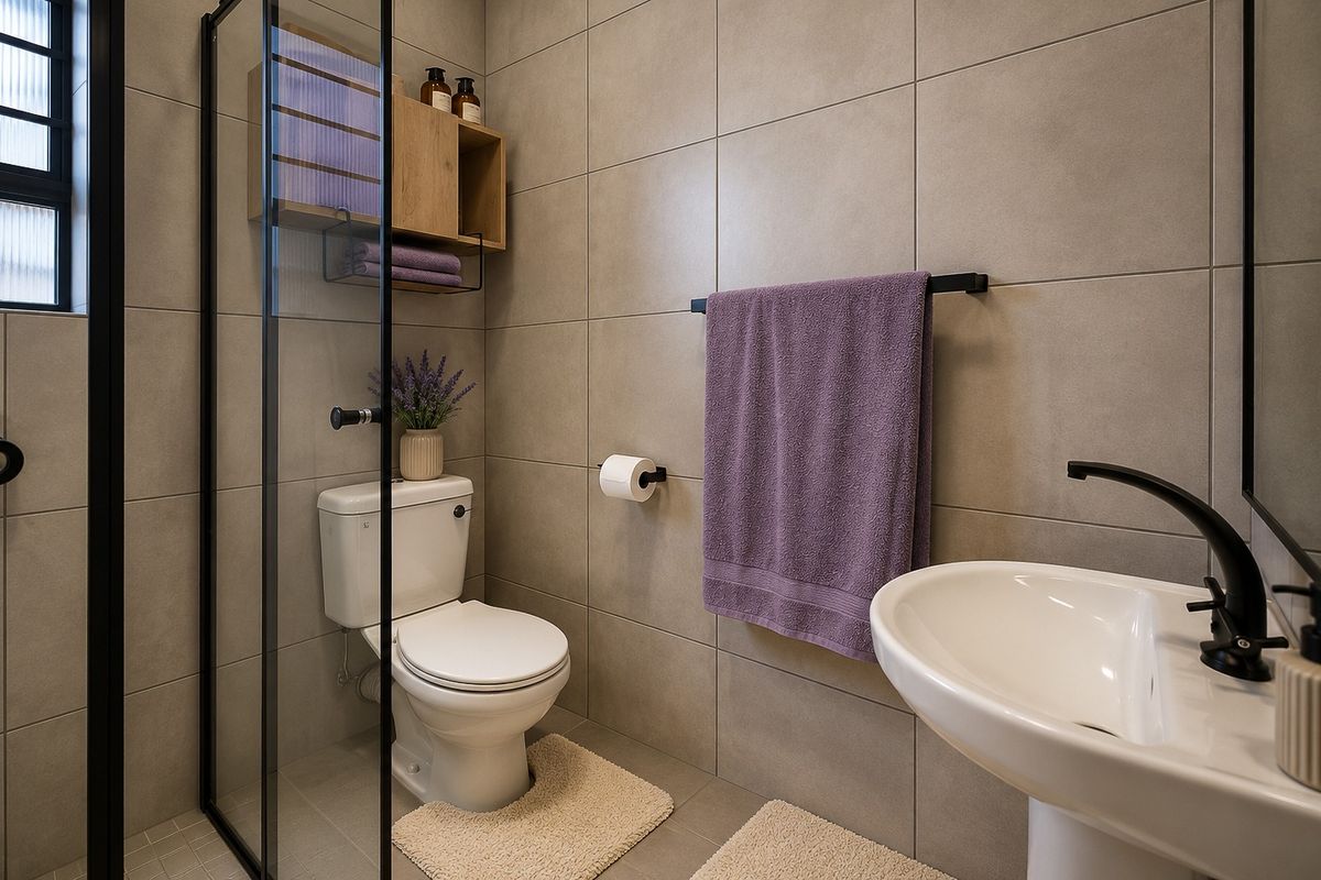 Modern bathroom featuring neutral wall tiles, a pedestal basin with black tapware, and a glass-enclosed shower area.