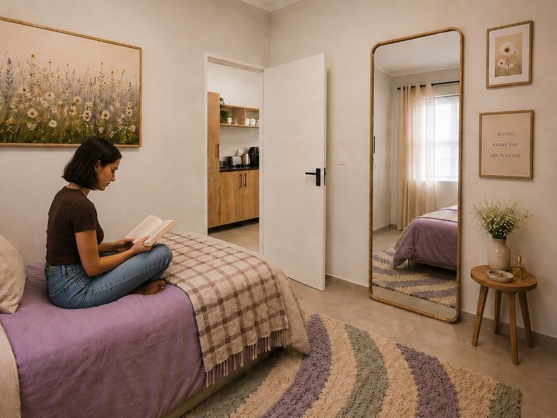 A well-maintained bedroom featuring tiled flooring, a built-in wardrobe, and direct access to an adjacent kitchen area.