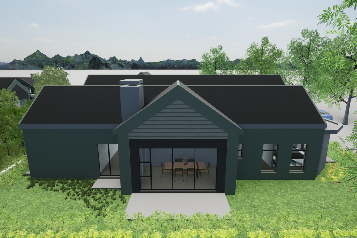 A 3D architectural render showing the rear elevation of a modern house with a dark exterior finish, pitched roof, and a glass-enclosed patio area.