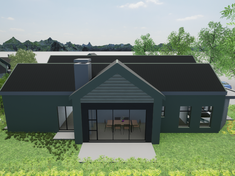 A 3D architectural render showing the rear elevation of a modern house with a dark exterior finish, pitched roof, and a glass-enclosed patio area.