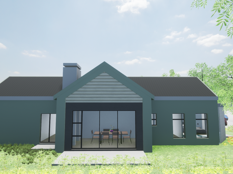 A digital architectural rendering of the rear exterior elevation featuring a modern gable roof design, large glass sliding doors, and a chimney stack.