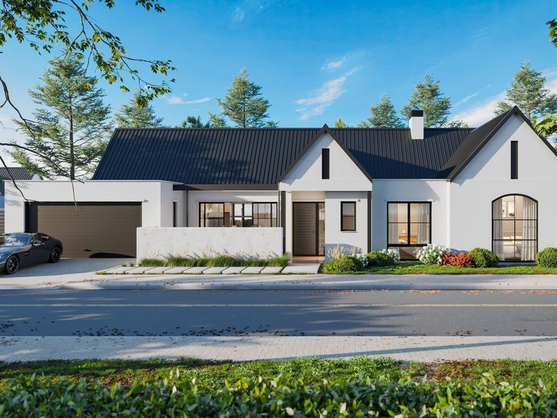 Modern single-story residence featuring a sleek metal roof, arched windows, and a clean white facade with an integrated garage.