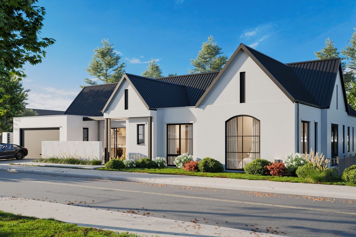 Modern single-story house with a striking metal roof, arched windows, and a clean white facade, featuring a well-maintained front garden and attached garage.