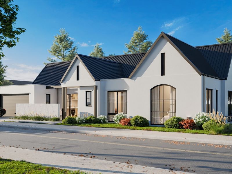 Modern single-story house with a striking metal roof, arched windows, and a clean white facade, featuring a well-maintained front garden and attached garage.