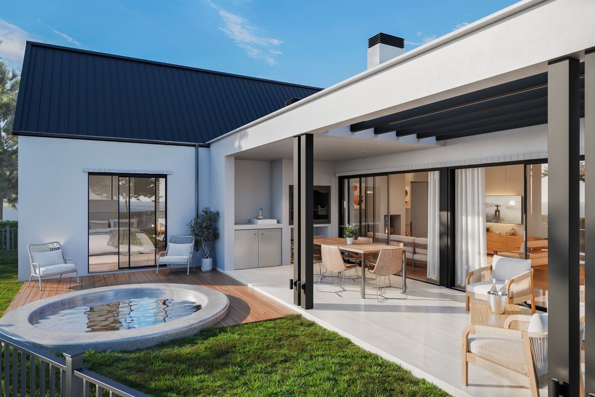 Modern rear exterior featuring a covered patio with built-in braai, a circular plunge pool, and seamless indoor-outdoor flow through large sliding glass doors.