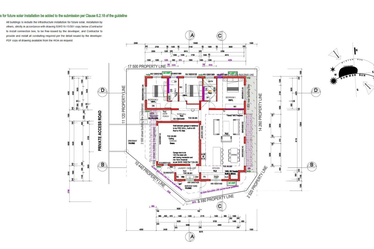 Architectural floor plan showing the layout of the residence, including bedrooms, bathrooms, kitchen, living areas, and garage placement on the property lot.