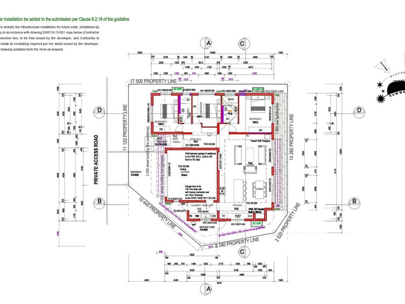 Architectural floor plan showing the layout of the residence, including bedrooms, bathrooms, kitchen, living areas, and garage placement on the property lot.