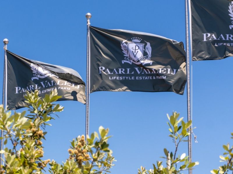 A view of multiple branded estate flags flying against a clear blue sky, representing the Paarl Vallei Lifestyle Estate and Farm.