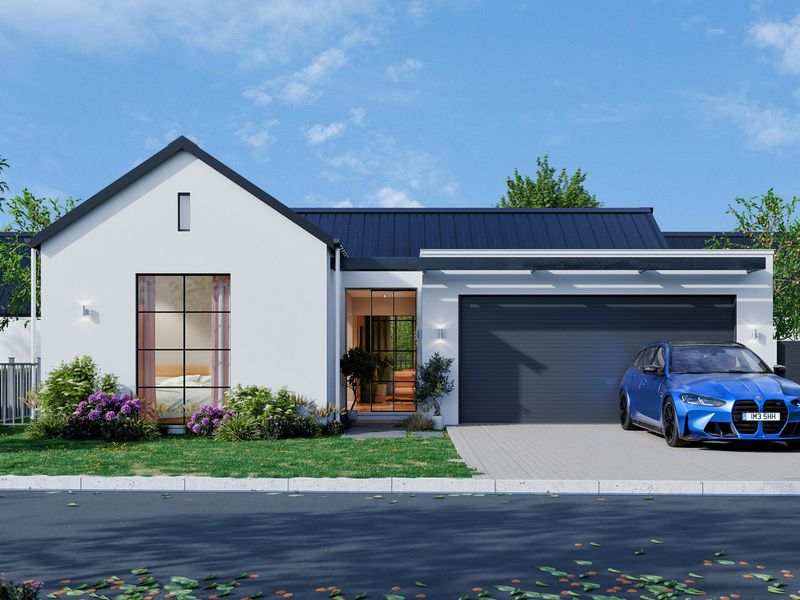 Modern single-story residential facade featuring a dark metal roof, clean white exterior walls, a paved driveway, and a spacious integrated garage.