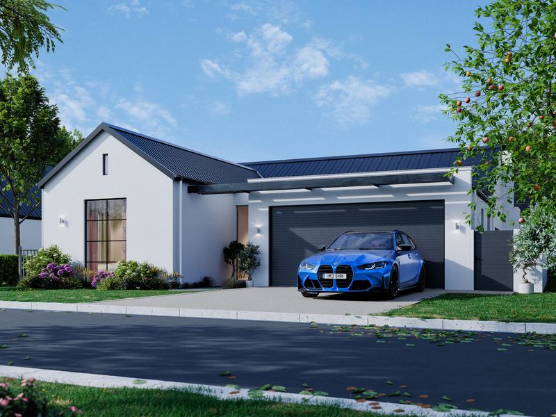 Modern single-story residential facade featuring a clean white exterior, dark metal roofing, a spacious garage, and a well-maintained front garden.
