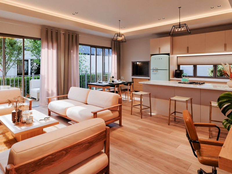 Modern open-plan living area featuring a contemporary kitchen with an island, integrated appliances, and seamless flow to an outdoor patio through sliding glass doors.