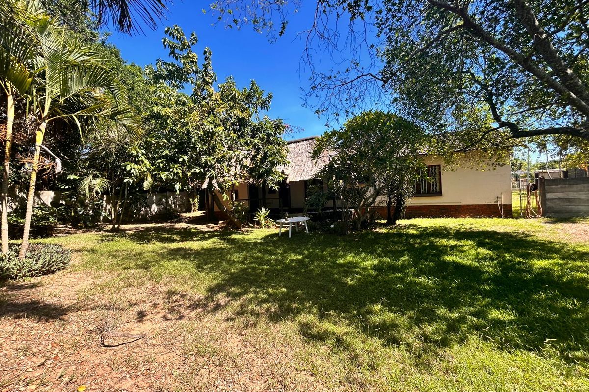 A spacious rear garden featuring mature trees, established landscaping, and a view of the house exterior with a thatched roof section.