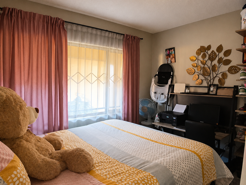 A cozy bedroom featuring a window with a security gate, neutral wall tones, and a ceiling light fixture.