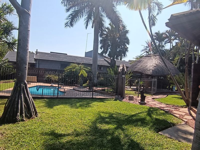 A well-maintained outdoor area featuring a swimming pool, a traditional thatched lapa, and a paved garden path surrounded by mature trees.