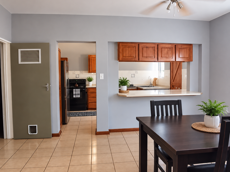 Open plan dining area featuring tiled floors, a ceiling fan, and a convenient pass-through window connecting to the kitchen space.