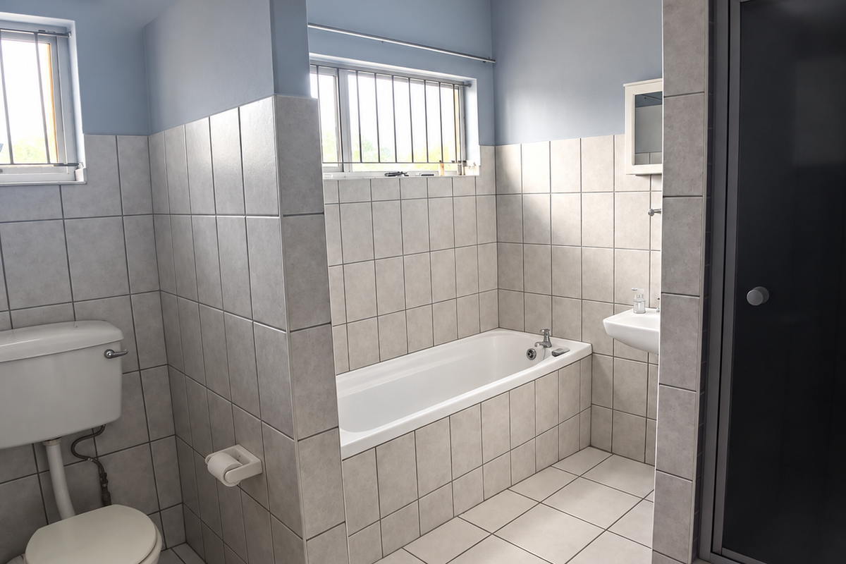 A functional bathroom featuring a built-in bathtub, separate shower enclosure, wall-mounted basin, and toilet, finished with neutral wall and floor tiling.