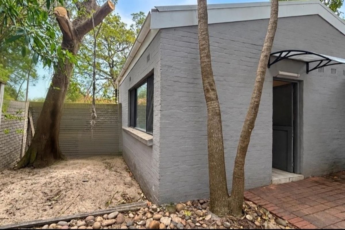 Rear view of the property featuring painted brick exterior walls, a paved walkway, and a small garden area with boundary walling.