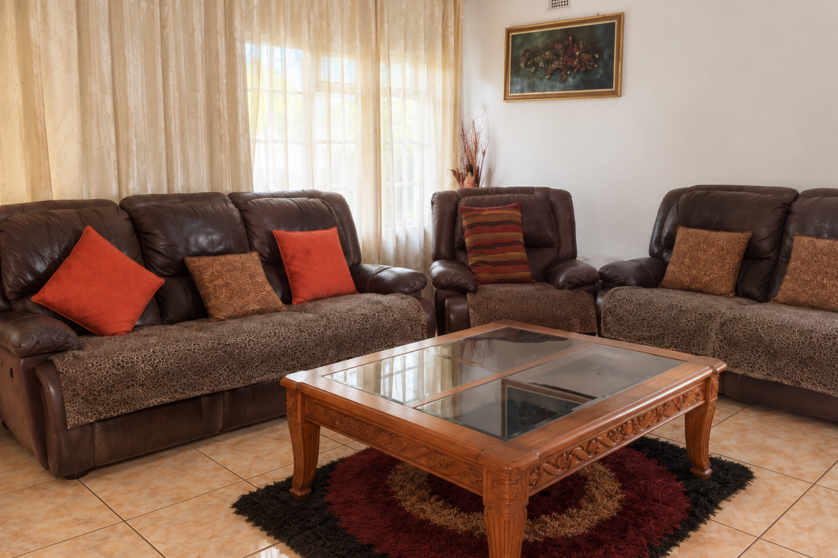 A comfortable living room featuring neutral tiled flooring and large windows dressed with curtains, providing a bright and functional space for relaxation.
