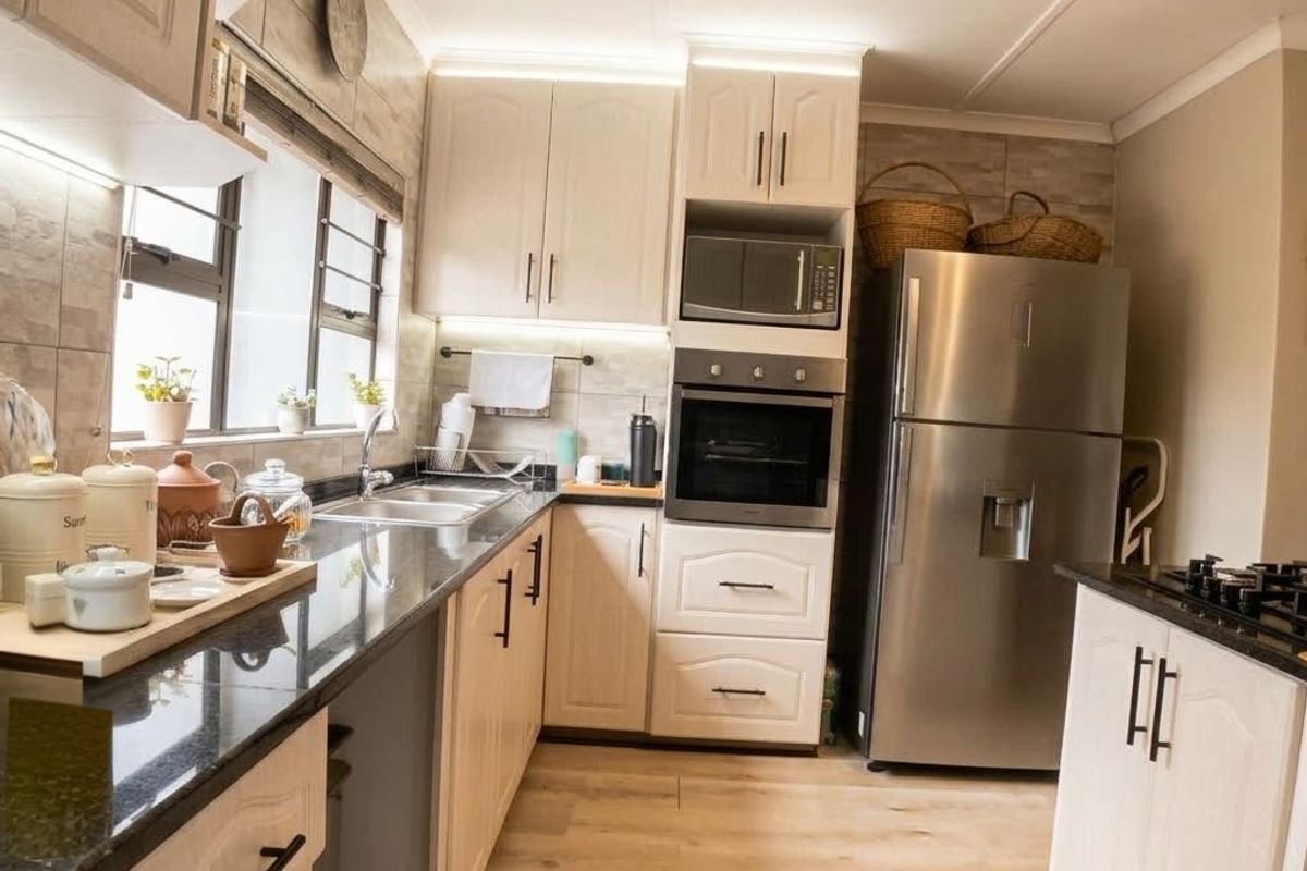 Modern kitchen featuring light wood-finish cabinetry, granite countertops, integrated appliances including an oven and microwave, and durable laminate flooring.