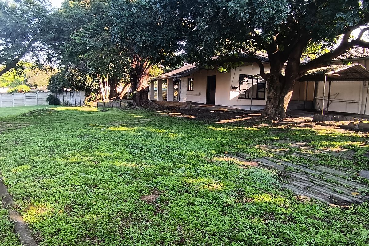 Spacious rear garden featuring a covered patio, mature trees, and a paved walkway leading to the main house structure.