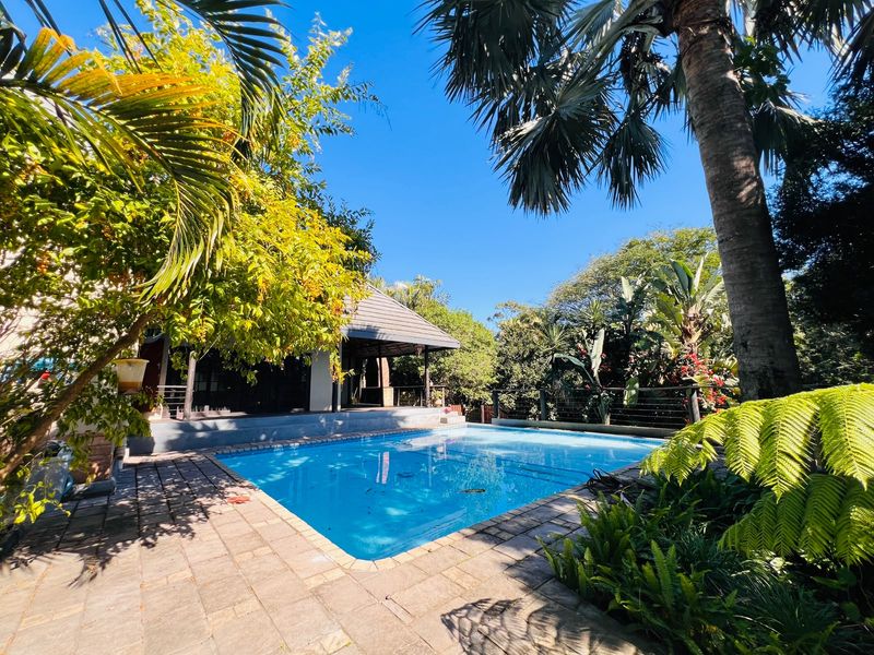 A well-maintained swimming pool area featuring a paved deck, lush surrounding garden, and an adjacent covered patio space.