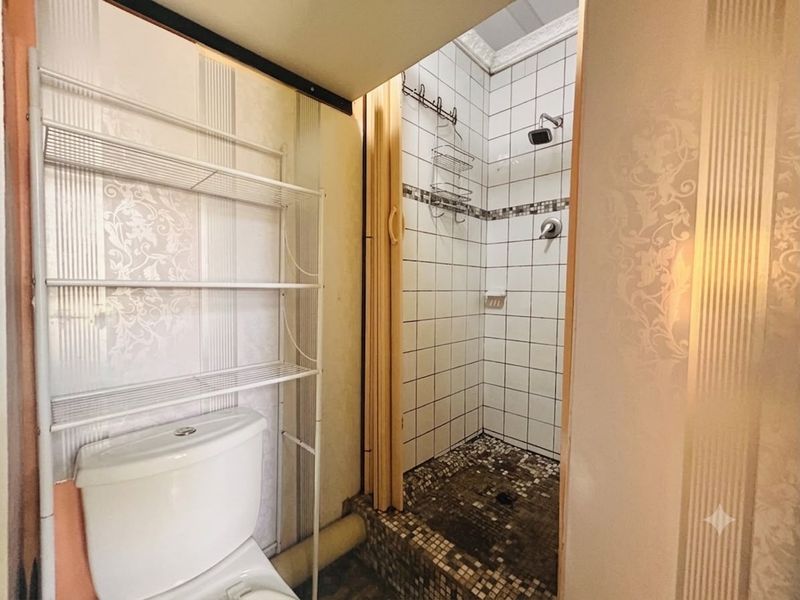 A compact bathroom featuring a tiled shower enclosure with mosaic flooring and a standard toilet, requiring cosmetic updates to modernize the space.