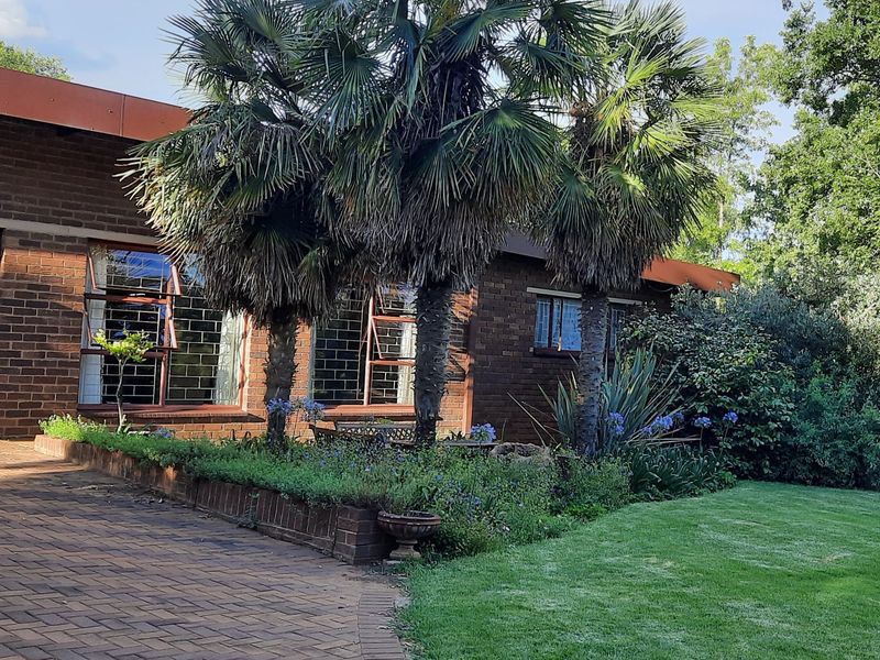 A view of the exterior front facade featuring face-brick construction, paved driveway, and established garden with mature palm trees.