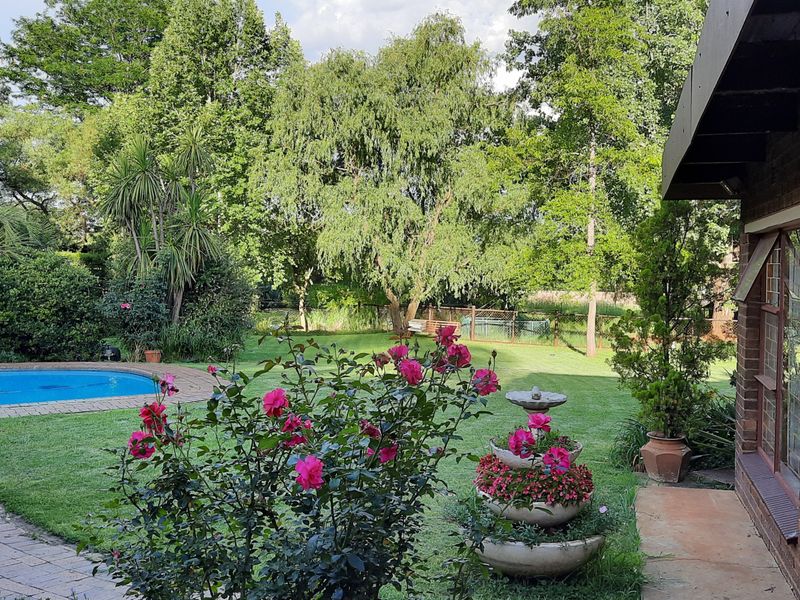 A view of the rear garden featuring a swimming pool, paved patio area, and established trees, viewed from the side of the brick dwelling.