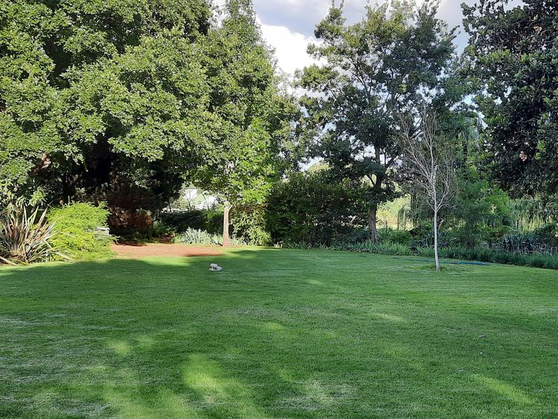 A well-maintained, expansive green lawn surrounded by mature trees and established garden landscaping, providing a peaceful outdoor setting.