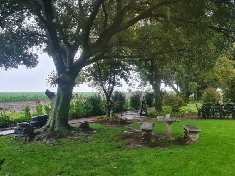 A lush, well-maintained garden featuring mature trees, a manicured lawn, and stone seating, offering a peaceful outdoor space with views of the surrounding fields.