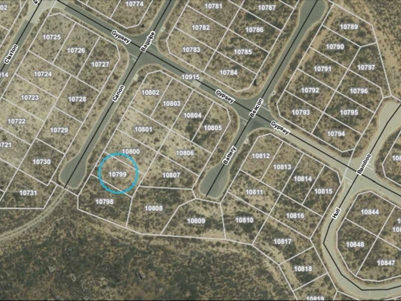 An aerial map view showing the layout of residential land plots, with the specific property highlighted by a blue circle.