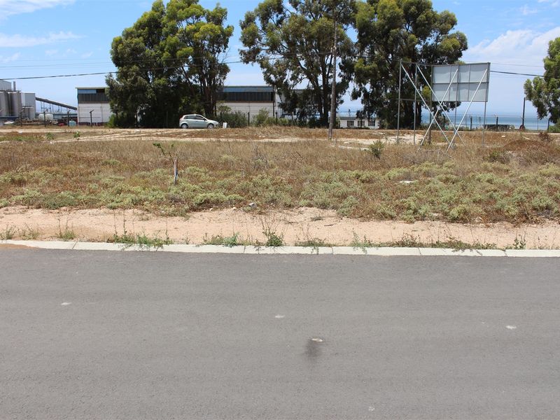 A vacant residential plot featuring a paved road frontage, concrete curbing, and an existing billboard structure, with views toward industrial buildings and the coastline.