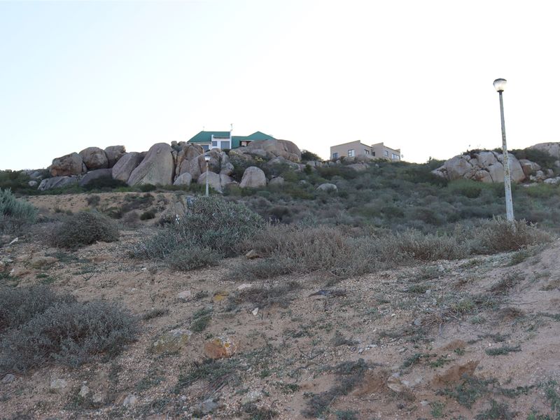 A view of a sloped residential plot featuring natural rock formations, indigenous vegetation, and existing street lighting infrastructure.