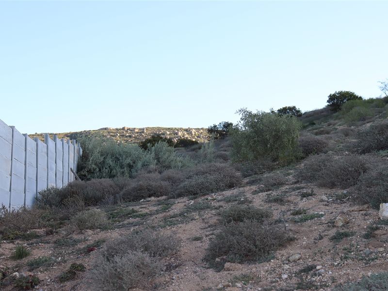 A view of a sloped, undeveloped residential plot featuring natural vegetation and a precast concrete boundary wall along the perimeter.