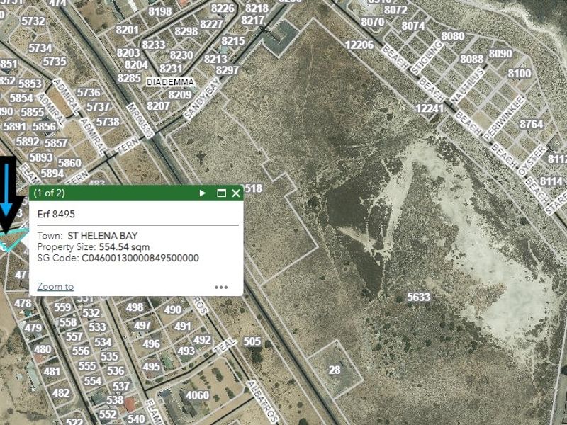 An aerial map view showing the location and cadastral boundaries of Erf 8495 in St Helena Bay, measuring 554.54 square meters.