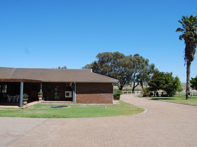 A view of the front exterior of the small holding, featuring a brick facade, tiled roof, covered patio area, and a paved driveway.
