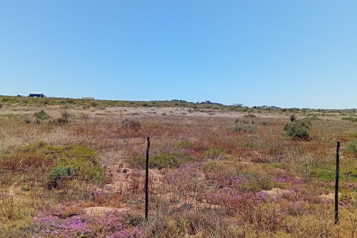 A wide-angle view of a vacant residential plot featuring natural vegetation and perimeter wire fencing under a clear blue sky.