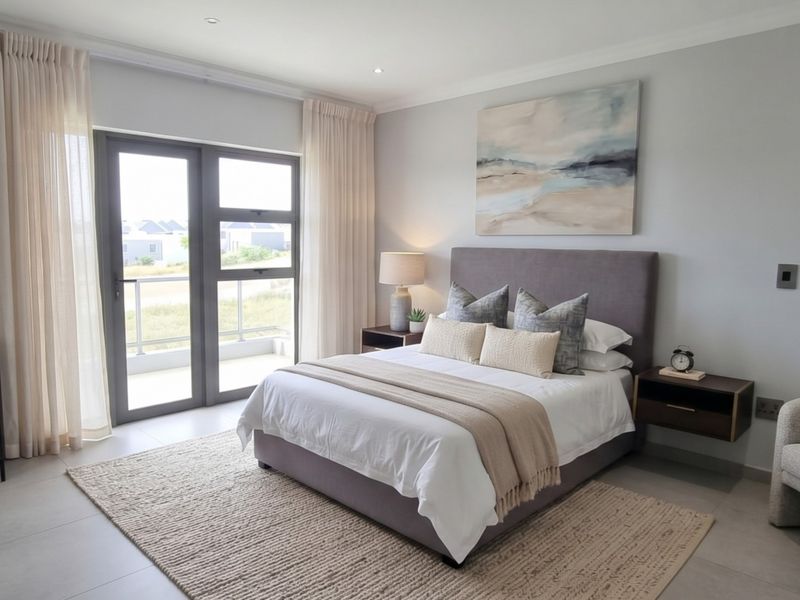 A well-maintained bedroom featuring tiled flooring, recessed lighting, and a large aluminium-framed glass door providing direct access to a private balcony.