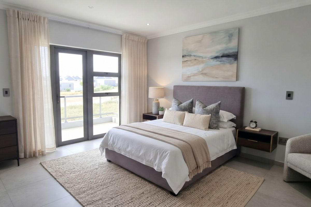 A well-maintained bedroom featuring tiled flooring, recessed lighting, and a large aluminium-framed glass door providing direct access to a private balcony.